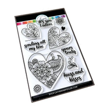 Load image into Gallery viewer, Catherine Pooler - Stamp &amp; Die Set - Yours Truly. Send all your love with the Yours Truly Stamp &amp; Die Set. This set of line-art heart stamps are adorned with floral and paisley patterns. Use one or layer more than one die cut heart on your card. Available at Embellish Away located in Bowmanville Ontario Canada.
