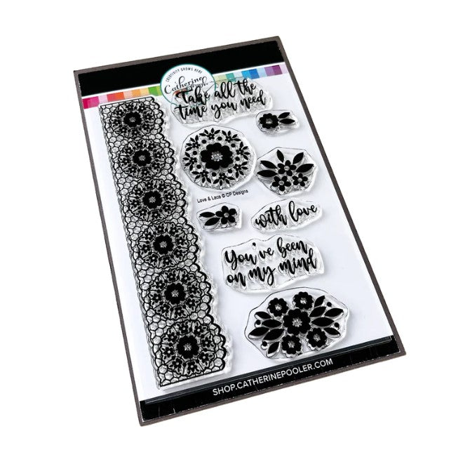 Catherine Pooler - Stamp & Die Set - Love & Lace. Add a little lace to your card with the Love & Lace Stamp & Die Set. This intricate border stamp will add a lovely lace accent to your card or project. Available at Embellish Away located in Bowmanville Ontario Canada.