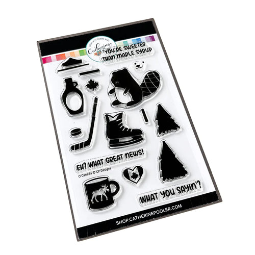Catherine Pooler - Stamp & Die Set - O Canada. This one is sweeter than maple syrup, eh? Here's too the beautiful country of Canada! This fun icons stamp & die set and it's has images of maple syrup, hockey, a Mountie hat and a hot cup of 