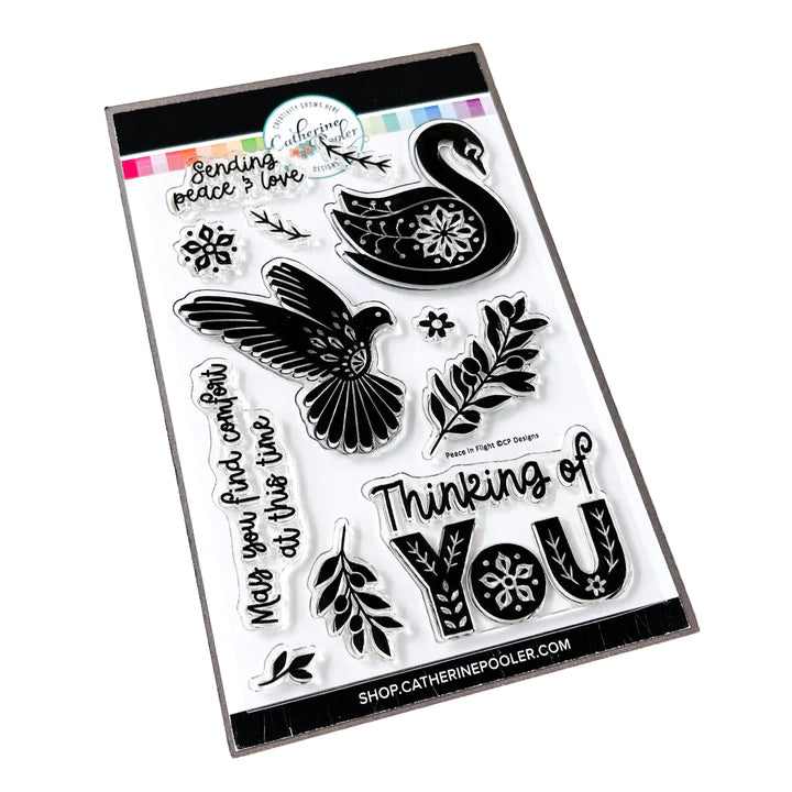 Catherine Pooler - Stamp & Die Set - Peace In Flight. The Peace in Flight Stamp Set features ornately decorated dove and swan stamps to grace your cards. Available at Embellish Away located in Bowmanville Ontario Canada.