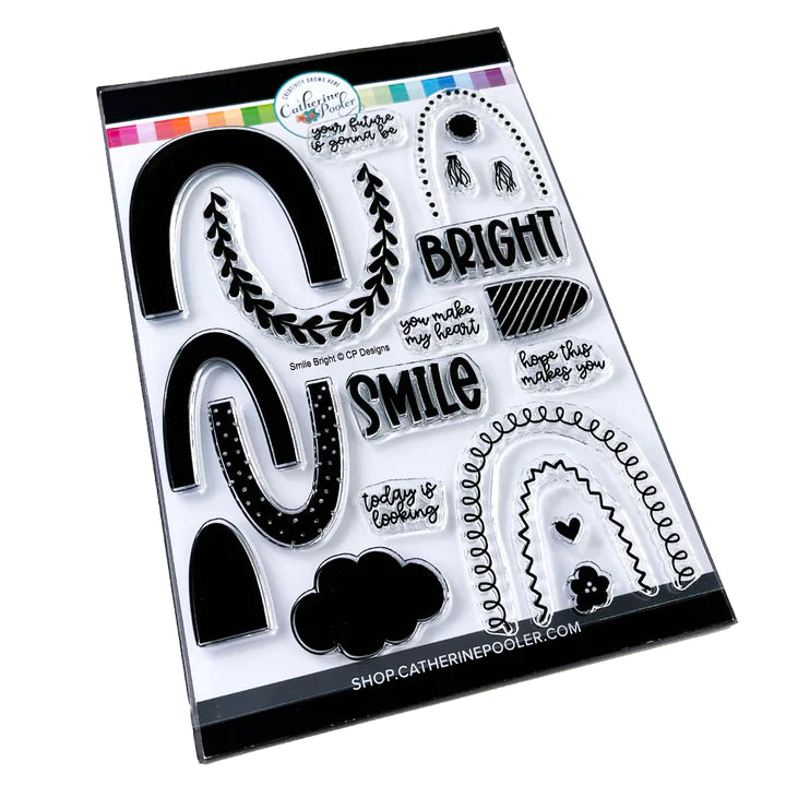 Catherine Pooler - Stamp & Dies Set - Smile Bright. Smile Bright! This 6x8 Stamp Set and coordinating dies are ready for you to piece it together to your hearts content to create a modern, boho rainbow. Available at Embellish Away located in Bowmanville Ontario Canada.