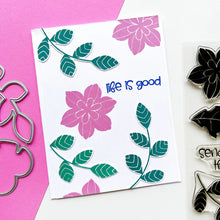 Load image into Gallery viewer, Catherine Pooler - Stamp and Die Set - In the Tropics Floral. Use the In the Tropics Floral Stamps and Dies for layers and layers of floral inspiration.  Illustrated by Kat Uno. Available at Embellish Away located in Bowmanville Ontario Canada. Card example by brand ambassador.
