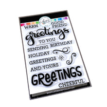 Load image into Gallery viewer, Catherine Pooler - Stamps - Cheerful Greetings. You&#39;ll be ready to send greetings for all occasions with the Cheerful Greetings Sentiments Stamp Set and coordinating Cheerful Greetings Dies. Available at Embellish Away located in Bowmanville Ontario Canada.
