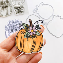 Load image into Gallery viewer, Catherine Pooler - Stamps - Front Porch Pumpkin. If an elegant, farmhouse look is your go-to for Halloween and Fall, then the Front Porch Pumpkins Stamps and Dies are going to be a fav!  These beautiful line art pumpkins are adorned with a variety of flowers and greenery and are ready for Pinterest perfect cards! Available at Embellish Away located in Bowmanville Ontario Canada Die Cut
