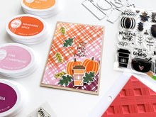 Load image into Gallery viewer, Catherine Pooler - Stamps and Dies Set - Pumpkin Season. Autumnal icons like hot beverage mugs and thermos, falling leaves, twigs, bowls and of course a layering pumpkin stamp. Use one of the nine (9) dies in the The Pumpkin Season Dies Set. Available at Embellish Away located in Bowmanville Ontario Canada. card design by brand ambassador.
