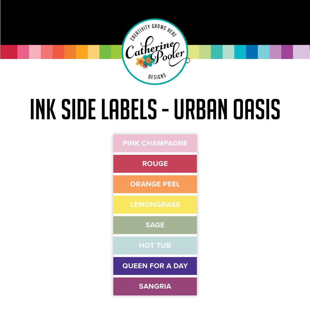 Catherine Pooler - Urban Oasis - Side Labels. These stickers were designed for you to label your CP full sized ink pads for quick and easy identification of your stored pads. Simply cut and peel each label and place on the side of your ink pads. The stickers are sold in sets of 8 according to each line of color. Available at Embellish Away located in Bowmanville Ontario Canada.