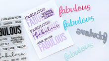 Cargar imagen en el visor de la galería, Catherine Pooler - Word Die - Fabulous. Make every paper project fabulous with the Fabulous Word Die.  This scripted word die is a sassy, modern font.  Use it alone as a fun statement on your card or pair it with the Just Plain Fabulous Sentiments Stamp Set for more sentiment options!  The Fabulous Word Die measures approx. 3 1/2&quot; x 1 1/4&quot;. Available at Embellish Away located in Bowmanville Ontario Canada.
