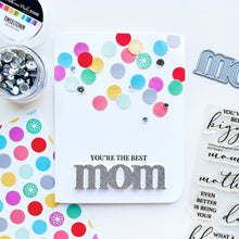 Charger l&#39;image dans la galerie, Catherine Pooler - Word Die - Just Mom. Send a card to your favorite mom!  The Just Mom Word Die is a simple block font &quot;mom&quot; that will be a cute addition to any card for mother&#39;s day or any day celebrating your best lady! Take the &quot;m&quot; and cut one hump off to create &quot;mum&quot;!  The Mom Word Die measures approx. 3&quot; x 1&quot;.  Illustrated by Lisa Kirkbride. Available at Embellish Away located in Bowmanville Ontario Canada. Card by brand ambassador.
