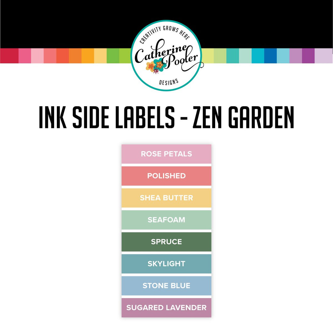 Catherine Pooler - Zen Garden - Side Labels. These stickers were designed for you to label your CP full sized ink pads for quick and easy identification of your stored pads. Simply cut and peel each label and place on the side of your ink pads. The stickers are sold in sets of 8 according to each line of color. Available at Embellish Away located in Bowmanville Ontario Canada.