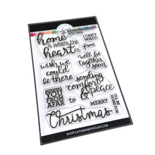 Load image into Gallery viewer, Catherine pooler - Sentiments Stamp Set - Near or Far. This Christmas, whether you find yourself with your family and friends or celebrating at home, the Near or Far Sentiments Stamp Set has just the right thought. This set has warm, hand-lettered mix and match phrases like &quot;sending comfort &amp; peace&quot; and &quot;I&#39;ll be home for Christmas&quot;. Available at Embellish Away located in Bowmanville Ontario Canada.
