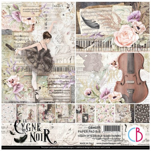 Ciao Bella - 8x8 Paper Pad - 12/Pkg - Le Cygne Noir. The 8x8 Paper Pad meets the needs of papercrafters and cardmakers looking for a smaller size than the classic 12x12. It’s specially designed for Ciao Bella's Album Binding Art line of chipboard albums. Available at Embellish Away located in Bowmanville Ontario Canada
