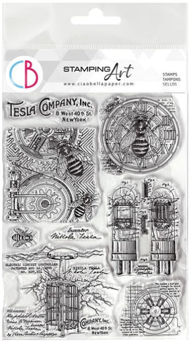 Ciao Bella - Clear Stamp Set 6x8 - Tesla Company. Ciao Bella's high quality clear photopolymer stamps are manufactured using a patented photopolymer and UV light exposure, this way they are able to achieve a higher level of detail. Available at Embellish Away located in Bowmanville Ontario Canada.