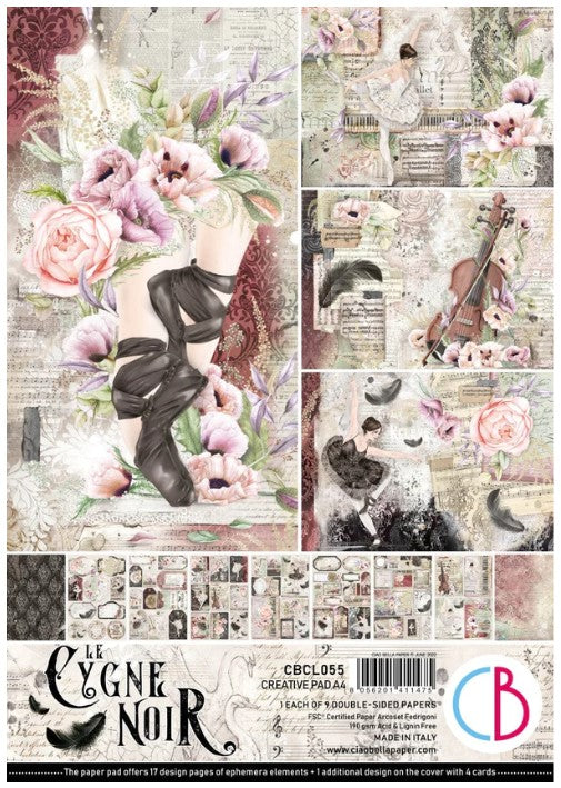 Ciao Bella - Creative Pad A4 9/Pkg - Le Cygne Noir. The Creative Pad is a special resource for ephemera cards, tags, postal stamps, medallions, labels, sentiments and other creative elements. Any pad offers more than 120 embellishments for your projects! Available at Embellish Away located in Bowmanville Ontario Canada