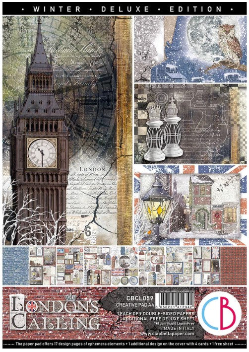 Ciao Bella - Creative Pad A4 - 9/Pkg + 1 Free deluxe sheet - London's Calling. The Creative Pad is a special resource for ephemera cards, tags, postal stamps, medallions, labels, sentiments and other creative elements. Available at Embellish Away located in Bowmanville Ontario Canada.