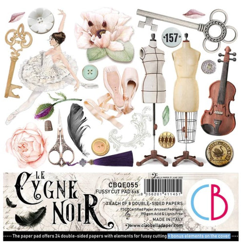 Ciao Bella - Fussy Cut Pad 6x6 24/Pkg - Le Cygne Noir. To share Ciao Bella's love for fussy cutting, their 6x6 paper pad offers 24 sheets full of high detailed fussy cutting elements, a ton of illustrations from the collection. Available at Embellish Away located in Bowmanville Ontario Canada.