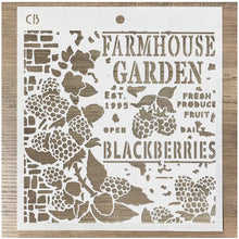 Load image into Gallery viewer, Ciao Bella - Texture Stencil 8x8 - Farmhouse Garden. Stencil Art line is designed to add layering textures and designs to your projects. This mask has images of blackberries and text. Perfect for paper crafting, scrapbooking and mixed media projects. Available at Embellish Away located in Bowmanville Ontario Canada.
