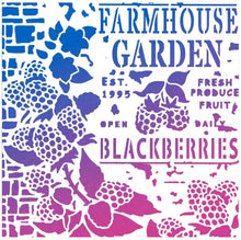 Load image into Gallery viewer, Ciao Bella - Texture Stencil 8x8 - Farmhouse Garden. Stencil Art line is designed to add layering textures and designs to your projects. This mask has images of blackberries and text. Perfect for paper crafting, scrapbooking and mixed media projects. Available at Embellish Away located in Bowmanville Ontario Canada.

