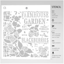 गैलरी व्यूवर में इमेज लोड करें, Ciao Bella - Texture Stencil 8x8 - Farmhouse Garden. Stencil Art line is designed to add layering textures and designs to your projects. This mask has images of blackberries and text. Perfect for paper crafting, scrapbooking and mixed media projects. Available at Embellish Away located in Bowmanville Ontario Canada.
