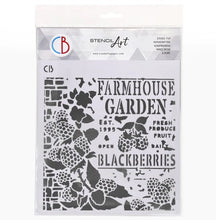 Cargar imagen en el visor de la galería, Ciao Bella - Texture Stencil 8x8 - Farmhouse Garden. Stencil Art line is designed to add layering textures and designs to your projects. This mask has images of blackberries and text. Perfect for paper crafting, scrapbooking and mixed media projects. Available at Embellish Away located in Bowmanville Ontario Canada.
