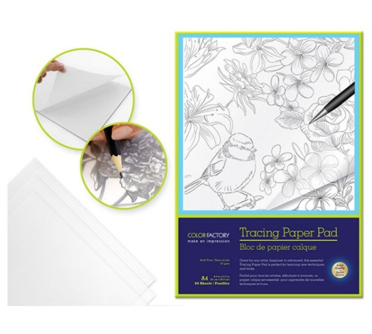 Color Factory - Tracing Paper - 9x12 Pad. This package includes 50 GSM, 24 Sheets, acid free. Available at Embellish Away located in Bowmanville Ontario Canada.