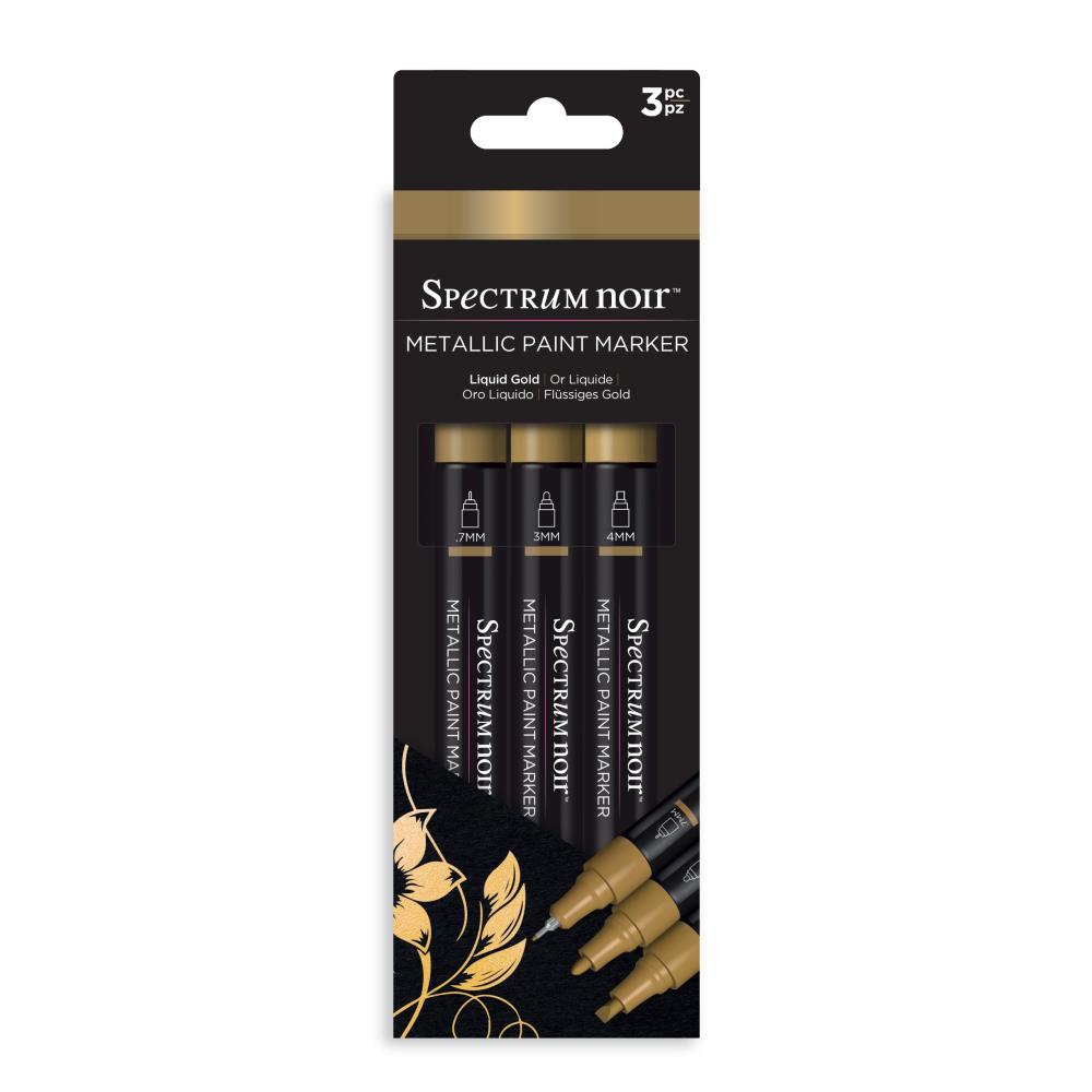Spectrum Noir - Metallic Paint Marker - 3/Pkg - Liquid Gold. A new line of intense, high-shine opaque metallic markers in gold silver and copper. Use on paper, card, canvas, wood, metal, plastic, glass, ceramic and most surfaces. Each set includes: 3 Markers, 1 colour. With a .7MM Superfine Tip, 3MM Fine Tip AND 4 MM Chisel Tip for a huge range of applications. Available at Embellish Away located in Bowmanville Ontario Canada.