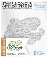Load image into Gallery viewer, Couture Creations - Outline Stamp - Season&#39;s Greetings - (1pc). Approximately 75 x 75mm | 2.9 x 2.9in This beautiful sentiment themed Christmas mini stamp and colour outline stamp set is ideal for use in colouring with pencils, paints, inks. Available at Embellish Away located in Bowmanville Ontario Canada.
