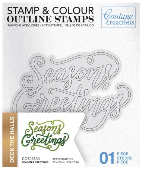 Couture Creations - Outline Stamp - Season's Greetings - (1pc). Approximately 75 x 75mm | 2.9 x 2.9in This beautiful sentiment themed Christmas mini stamp and colour outline stamp set is ideal for use in colouring with pencils, paints, inks. Available at Embellish Away located in Bowmanville Ontario Canada.