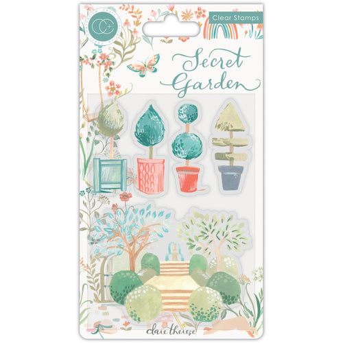 Craft Consortium - A5 Clear Stamps - Secret Garden - Topiary. A set of 5 premium clear stamps in coordinating designs. With protective acetate film printed with references. Imported. Available at Embellish Away located in Bowmanville Ontario Canada.