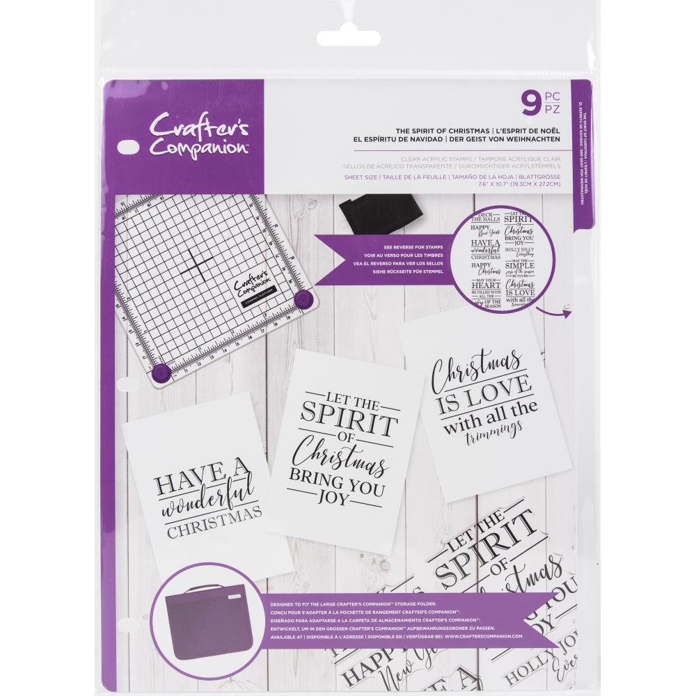 Crafter's Companion - Clear Acrylic Stamp Set - The Spirit Of Christmas. This stamp set includes 9 pieces, holiday/Christmas sentiments. Imported. Available at Embellish Away located in Bowmanville Ontario Canada.