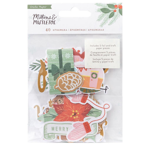 Crate Paper - Ephemera Die-Cuts - 40/Pkg - Mittens & Mistletoe - Icons W/Gold Foil Accents. Put the perfect finishing touch onto your projects with die cut embellishments. Available at Embellish Away located in Bowmanville Ontario Canada.