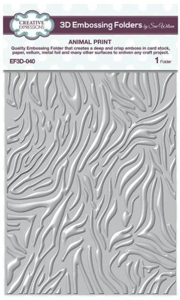 Creative Expressions - 3D Embossing Folder - Animal Print. Quality Embossing Folder that creates a deep and crisp emboss in card stock, paper, vellum, metal foil and many other surfaces to enliven any craft project. Designed by Sue Wilson.  Size: 5.7 x 7.5 inches. Available in Bowmanville Ontario Canada.