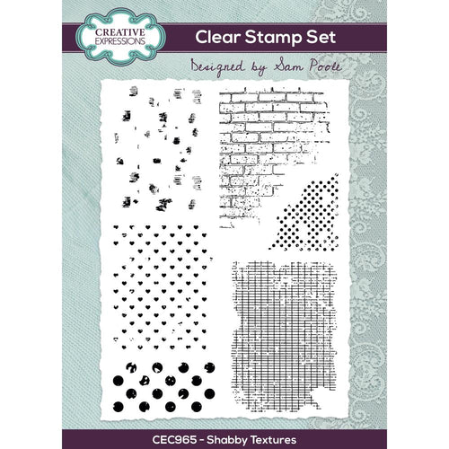 Creative Expressions - A5 Clear Stamp Set By Sam Poole - Shabby Textures. Inspired by Sam’s love of all things vintage this six stamp set it can be used for cards, journals, home décor and so much more. A great mix of textures. Available at Embellish Away located in Bowmanville Ontario Canada.