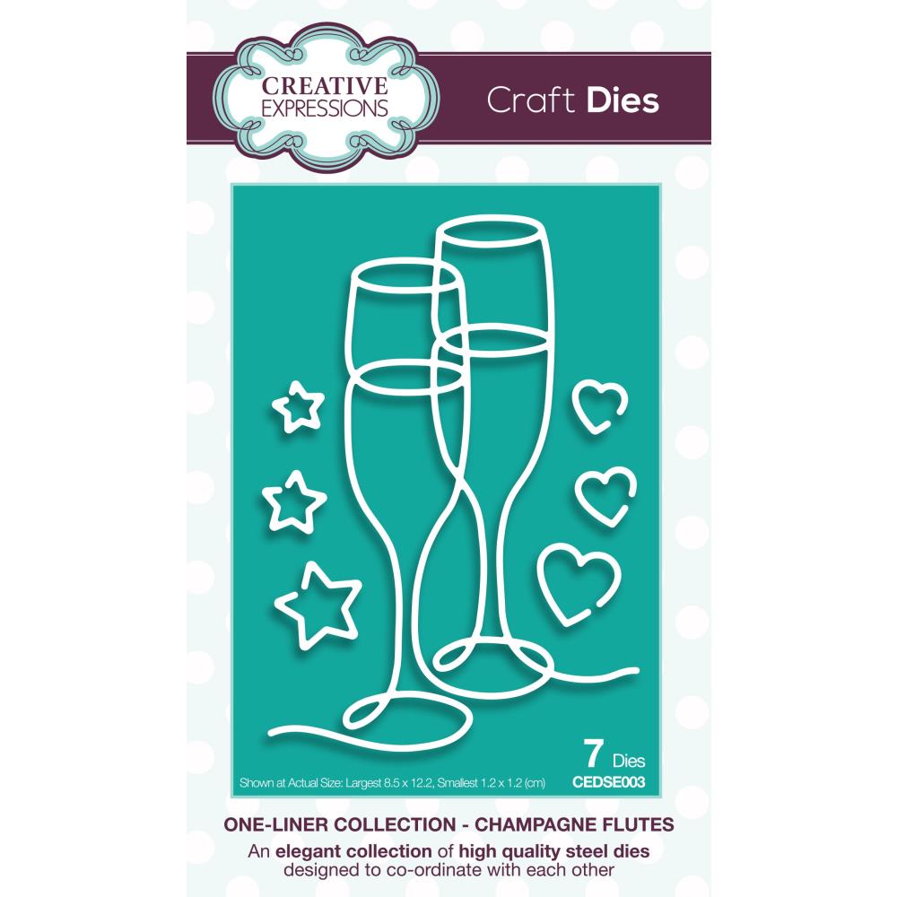 Creative Expressions - Craft Dies One-Liner Collection - Champagne Flutes. This seven die set will be great for party invitations, occasion cards, scrapbooking pages and so much more. The set has been designed with just single lines creating the elegant image. Available at Embellish Away located in Bowmanville Ontario Canada.