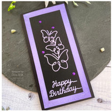 Load image into Gallery viewer, Creative Expressions - Craft Dies One-Liner Collection - Happy Birthday. This two die set will add a perfect finishing touch to birthday cards and so much more. The set has been designed with just single lines creating the elegant wording. Largest die 6.4 x 1.8 cm smallest die 5.0 x 1.8 cm. 2 die set. Available at Embellish Away located in Bowmanville Ontario Canada. Card design by Debbie Smith
