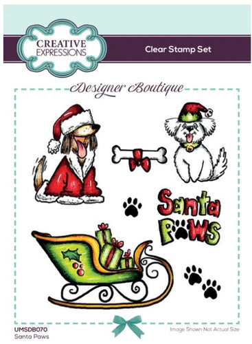 Creative Expressions - Designer Boutique Collection - A6 Clear Stamp Set - Santa Paws. This is a fun Christmas scruffy dog set that will be fun to use. This stamp set would be perfect for cards and scrapbook pages as well as mixed media or Christmas décor projects. Available at Embellish Away located in Bowmanville Ontario Canada.