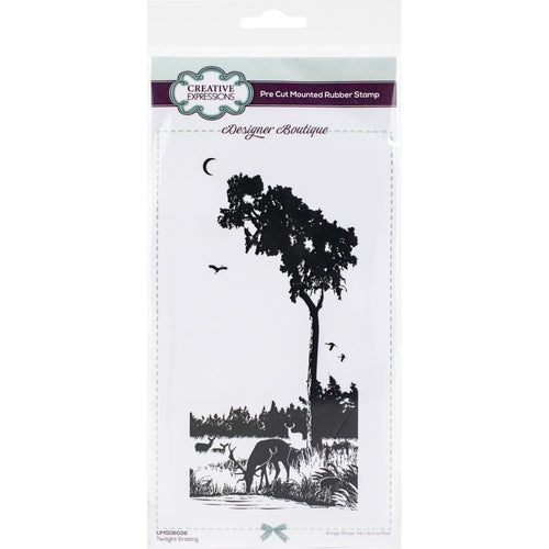 Creative Expressions - Designer Boutique Pre Cut Rubber Stamp - Twilight Grazing. A beautiful DL size stamp with a wonderful scene in one stamp making creating stunning projects simple. This pre-cut rubber stamp has great detail and will make fantastic, intricate paper craft projects, and so much more. Available at Embellish Away located in Bowmanville Ontario Canada.