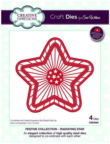 Creative Expressions - Dies - Festive Collection - Radiating Star. Craft Dies by Sue Wilson are an elegant collection of high quality steel designs designed to co-ordinate with each other. Size approx. 4.75