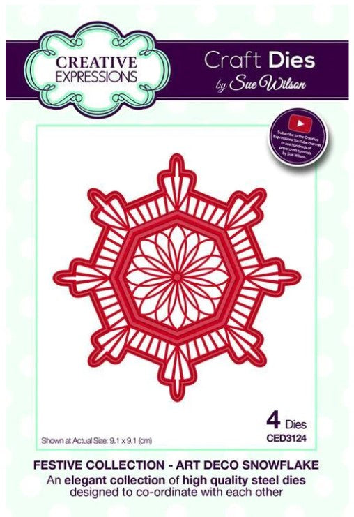Creative Expressions - Festive Collection Art Deco Dies -  Snowflake. Craft Dies by Sue Wilson are an elegant collection of high quality steel designs designed to co-ordinate with each other. Size approx. 3.5