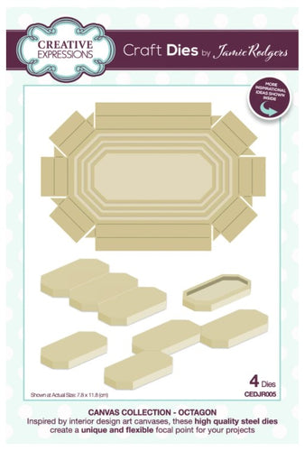 Creative Expressions - Jamie Rodgers Canvas Collection - Octagon. Use the Creative Expressions Jamie Rodgers Canvas Collection Octagon die set to create easy to build canvas and frame effects on your projects. They are easy to construct and incredibly versatile, simply fold on the score lines and glue to create focal points for your projects. Includes 4 dies. Size: 3.1