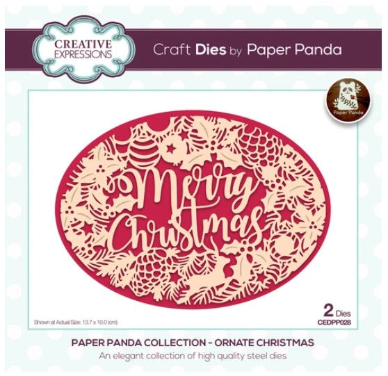 Creative Expressions - Paper Panda - Craft Die - Ornate Christmas. This stunning design has been hand drawn by husband and wife duo Louise and Ryan Firchau expert paper cutters. These gorgeous designs are created in a distinct and exquisite style and are much sought after.  Available at Embellish Away located in Bowmanville Ontario Canada.