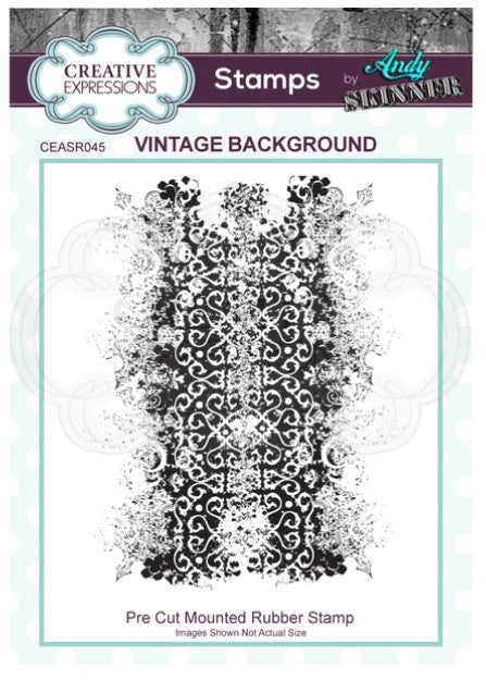 Creative Expressions - Andy Skinner - Vintage Background Rubber Stamp. A rubber stamp with a vintage style pattern that makes a great background for mixed media projects.  Size: 3.7 in x 4.8 in. Available at Embellish Away located in Bowmanville Ontario Canada.