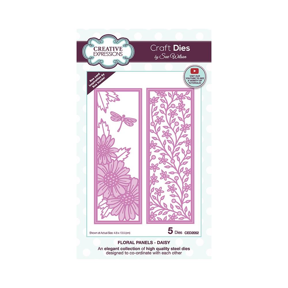 Creative Expressions - Sue Wilson - Craft Die - Floral Panels - Daisy. This five-die set can be used on cards, invitations, scrapbook pages or in other art projects. These dies will create beautiful panels and layers, for your paper craft projects! These dies will work beautifully with the other dies from the collection. This is a very versatile high-quality steel die set. The dies are compatible with most home die cutting machines. Available at Embellish Away located in Bowmanville Ontario Canada.