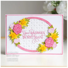 Load image into Gallery viewer, Creative Expressions - Sue Wilson - StampCuts Die - Spring Roses &amp; Daffodils. All in one stamping and die cutting combined in one handy product, ensuring precise image positioning and quick results. There is a special coating on the stamp lines to help the ink adhere, just ink the StampCut, place your card over it and pass it through your die cutting machine in one go.  Includes 1 die. Size: 2.5 x 4.5 inches. Available at Embellish Away located in Bowmanville Ontario Canada. Card designed by Natalie Stringe
