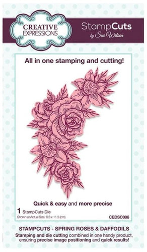 Creative Expressions - Sue Wilson - StampCuts Die - Spring Roses & Daffodils. All in one stamping and die cutting combined in one handy product, ensuring precise image positioning and quick results. There is a special coating on the stamp lines to help the ink adhere, just ink the StampCut, place your card over it and pass it through your die cutting machine in one go.  Includes 1 die. Size: 2.5 x 4.5 inches. Available at Embellish Away located in Bowmanville Ontario Canada.