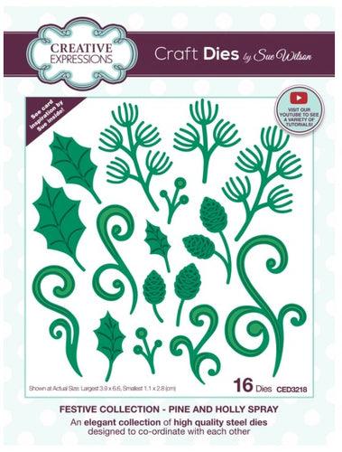 Creative Expressions - Sue Wilson Craft Die - Pine and Holly Spray. This bumper sixteen-die set will be a great addition to your festive paper craft arsenal the die will be wonderful for card making, scrapbooking, mixed media and not just at Christmas great set for picture building and adding finishing touches to creations. Available at Embellish Away located in Bowmanville Ontario Canada.