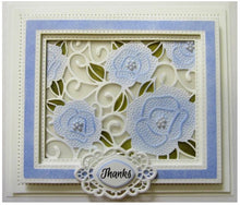 Cargar imagen en el visor de la galería, Creative Expressions - Sue Wilson Dies - Background Collection - Mini Background Pierced Roses. A beautiful background die that would work nicely on a A4 size card. Cut out extra roses to layer for added dimension. Size: 4.06&quot; x 5.28&quot;. Available at Embellish Away located in Bowmanville Ontario Canada. Card by brand ambassador.
