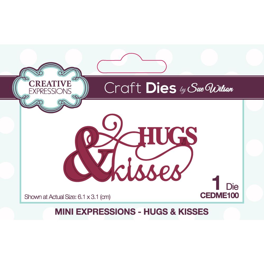 Creative Expressions - Sue Wilson Mini Expressions - Craft Die - Hugs & Kisses. This single die is a useful and thoughtful greeting, the text is a mixture of capitals and a very elegant script that will really pop on cards and even scrapbook pages. Size: 2.4 x 1.2 in. Available at Embellish Away located in Bowmanville Ontario Canada.