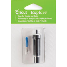 Load image into Gallery viewer, CRICUT-Explore Deep Cut Housing &amp; Blade. The housing and blade combine for precise cutting of thick materials such as poster board, heavy cardstock and specialty papers! Depress plunger to remove blade. For use with the Cricut Explore machines only (sold separately). This package contains one 2-1/4 inch deep cut housing and one 1-1/8 inch blade. Imported. Available at Embellish Away located in Bowmanville Ontario Canada.
