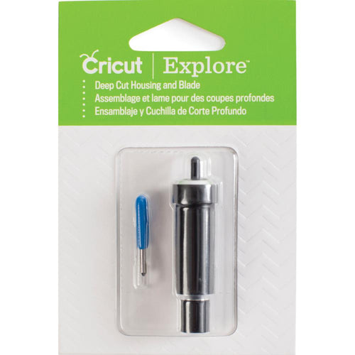 CRICUT-Explore Deep Cut Housing & Blade. The housing and blade combine for precise cutting of thick materials such as poster board, heavy cardstock and specialty papers! Depress plunger to remove blade. For use with the Cricut Explore machines only (sold separately). This package contains one 2-1/4 inch deep cut housing and one 1-1/8 inch blade. Imported. Available at Embellish Away located in Bowmanville Ontario Canada.