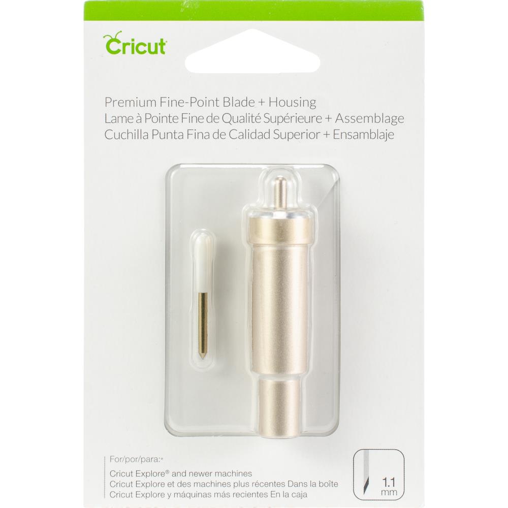 Cricut - Premium Fine Point Blade Plus Housing. Made from German carbide steel, the Premium Fine-Point Blade resists wear and breakage for long-lasting precision; use with gold Fine-Point Housing. Cut lightweight to medium weight materials. This 2.875x4.5x.5 inch package contains one fine-point blade and housing. Imported. NOTE: Works with Cricut Explore and Newer Available at Embellish Away located in Bowmanville Ontario Canada.